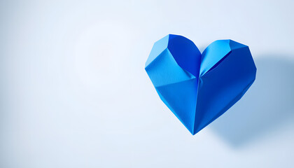 Blue origami paper heart isolated on transparent background, smooth light. White tone