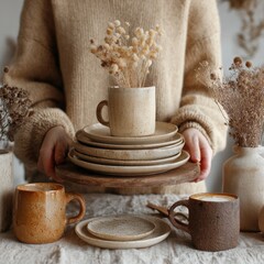 Woman holding a set of light beige/tan pottery dishes