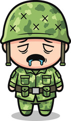 Sad cartoon soldier, camouflage uniform, emotional military character, crying army figure, distressed expression, helmeted soldier, cute war illustration, vector art