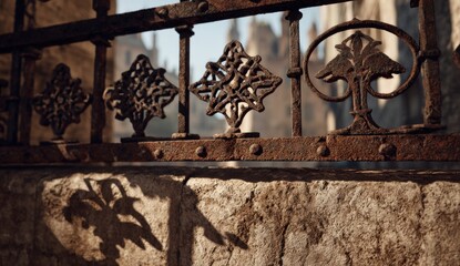 Ornate rusty metal fence, shadows on stone wall