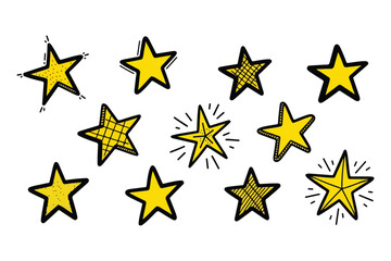 Collection of hand drawn yellow stars with varying styles