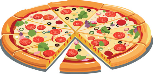 pizza, food, cheese, vector, italian, tomato, meal, illustration, dinner, isolated, pepperoni, slice, lunch, pepper, pizzeria, fast, mozzarella, salami, mushroom, delicious, dough, snack, crust, resta