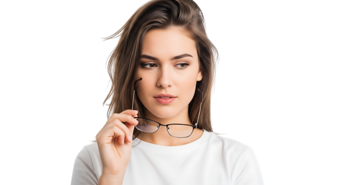 Young woman holding glasses contemplating thoughtfully isolated on white background stylish casual fashion