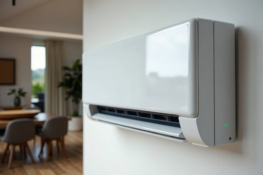 Mini Split Air Conditioner Pump in Modern Home Setting: Sleek Design and Efficient Cooling in Close-Up Shot - Powered by Adobe