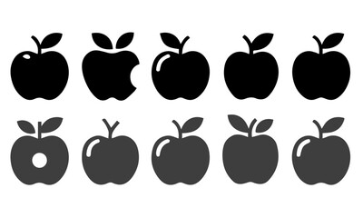 A set of nine simple, black silhouette apple icons, showcasing different stages of consumption, from whole to bitten.