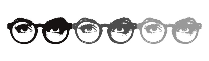 This image shows a row of glasses with a grayscale gradient, depicting a subtle shift in visual intensity from black to white.