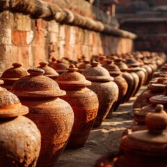 Ancient terracotta jars lined up outdoors