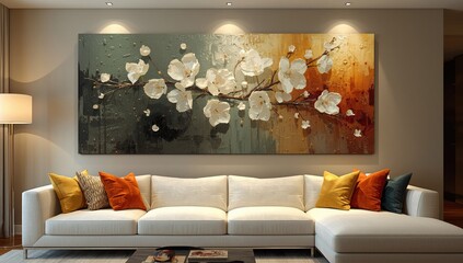 Modern abstract floral painting above a white sofa with colorful accent pillows in a living room setting