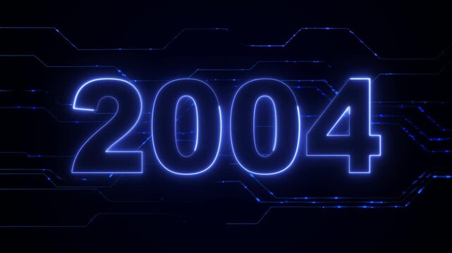 Digital Data moving on Circuit Board and CPU in form of 2004 happy new year digits. Abstract high tech Artificial intelligence (AI), data mining, modern computer technology surface.