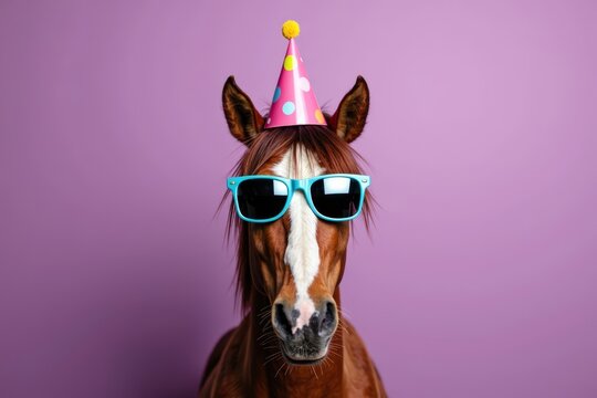 Birthday celebration horse in sunglasses and party hat on purple backdrop