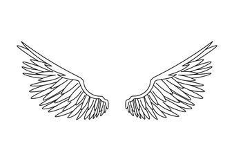 Wings ink sketch on isolated background. Heaven, mystical motif doodle. Fantasy vector illustration in line art style. Angel running wing for design, tattoo, sign. Hand drawn symbol of freedom