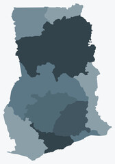 Map of Ghana with regions. Just a simple country border map with region division. Blue grey color palette. Flat Republic of Ghana shape with administrative division. Vector illustration.