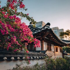 Vibrant pink bougainvillea cascading over a traditional Korean house at dawn