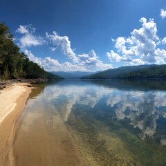 Panoramic lake scene with a sandy beach