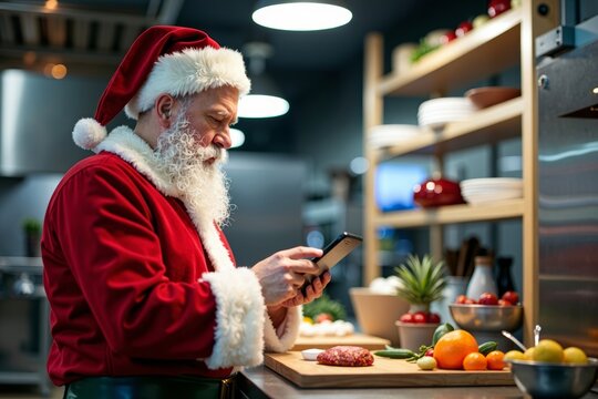 Santa Claus Leveraging Technology in a Culinary Workspace to Streamline Christmas Grocery Shopping