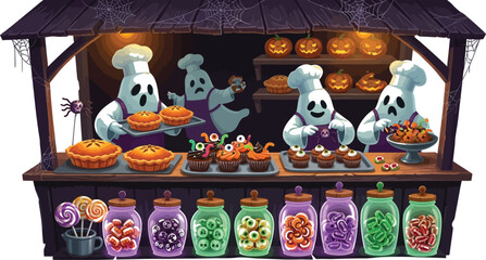 A halloween candy shop with ghosts selling sweets, pies, and cupcakes, a spooky and festive scene for holiday season