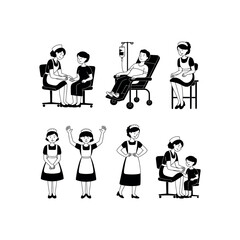 Black and white line art of nurses caring for patients and standing medical healthcare