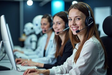 Image: Joyful colleagues at call center, wearing headsets, working beside robot coworkers
