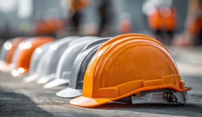 Safety helmets lined up