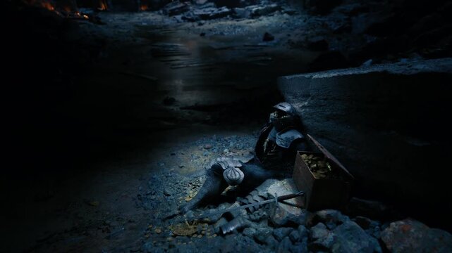 In a mysterious cave, a knight lies deceased among valuable treasures. The dark surroundings only hint at past battles, with flickering lights illuminating the eerie stillness.