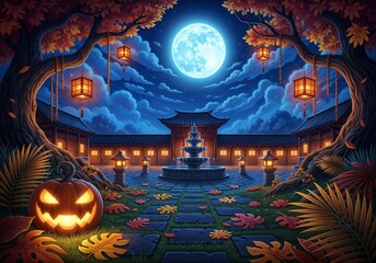 Obraz premium Halloween pumpkin lantern in courtyard under full moon night