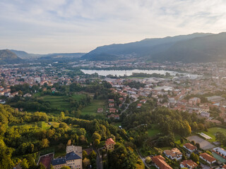 Aerial landscape of Lecco Maggianico Lago di Garlate Lake fall Italian Alps mountains Lombardy