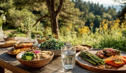 Outdoor dining, rustic table, lush landscape