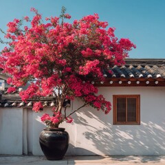 Vibrant pink bougainvillea tree against a light beige Korean house