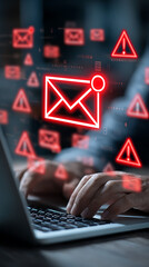Glowing red email and warning icons surround a person typing on a laptop alert notification