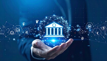 A person's hand supports a glowing sphere depicting a bank building with a digitally connected network of financial icons. 