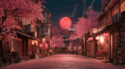 a full moon night in an old japanese street, with pink trees and purple clouds, in the style of anime