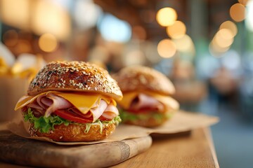 Delicious sandwiches stacked with cheddar cheese and ham on a rustic wooden surface