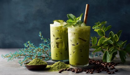 Two glasses of iced matcha, garnished with mint