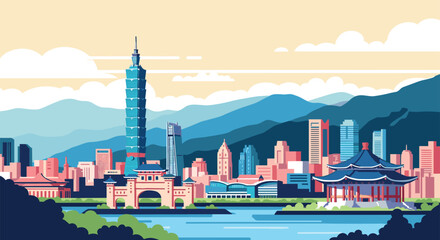 Naklejka premium Taipei Vector Travel Poster, Cinematic Minimal Landscape Art