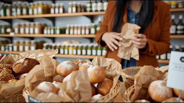 Woman hand selects fresh produce from display in a grocery shop. Organic food market with various breads and fruits footage.