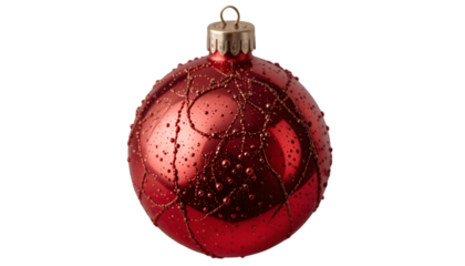 A single shiny red Christmas ornament with intricate gold detailing and a dark background