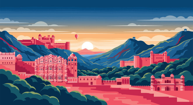 Jaipur Vector Travel Poster, Cinematic Minimal Landscape Art