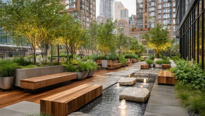 Obraz premium Urban oasis with benches and water features