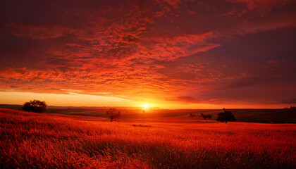 Obraz premium Red Sunset Over Field Fiery Sky Golden Hour Dusk