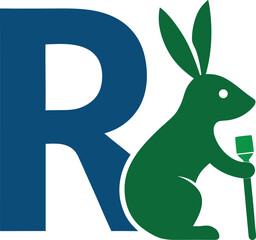 A green rabbit holding a paintbrush sits beside a bold blue R, a simple and modern design