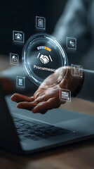 Hand holding digital interface with business icons and handshake symbol technology