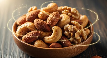 Fototapeta premium A delightful assortment of healthy mixed nuts including walnuts cashews and peanuts in a rustic wooden bowl with a soft warm glow and swirling light effects