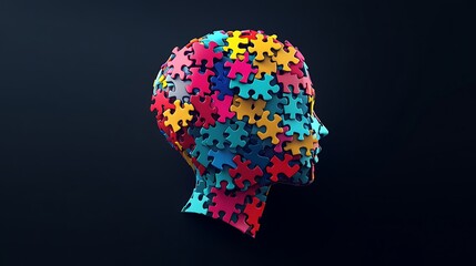 Human head made of colorful jigsaw puzzle pieces on a dark background photo
