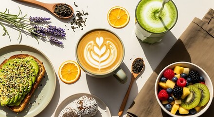 A vibrant overhead flat lay of a healthy breakfast spread including avocado toast fresh fruit salad and a latte with latte art