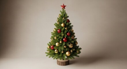 A beautifully decorated christmas tree with red and gold ornaments and a star on top, standing on a rustic wooden base against a neutral background