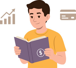Ilustración flat de un joven leyendo un libro de finanzas con íconos de crecimiento económico en el fondo. Concepto de educación financiera.