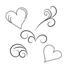 Decorative swirls and heart shapes for romantic designs and embellishments white background