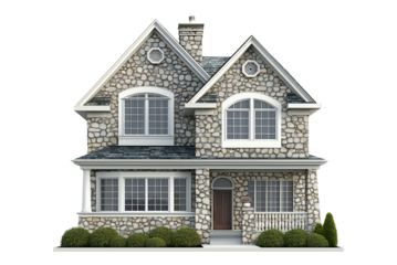 American House with Stone Facade Isolated on Transparent Background. Modern Stone-Faced Home Cutout PNG.