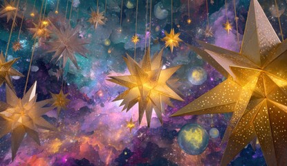 Golden stars hang in a vibrant nebula