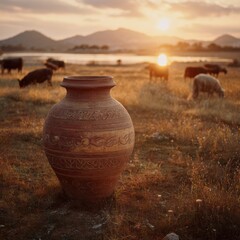 Rustic terracotta jar at sunset, grazing livestock